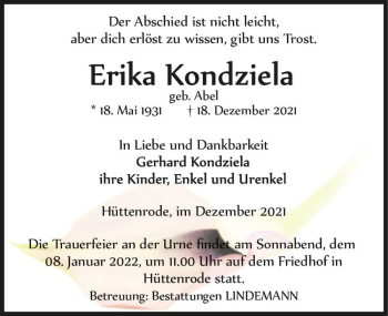 Traueranzeige von Erika Kondziela (geb. Abel)  von Magdeburger Volksstimme