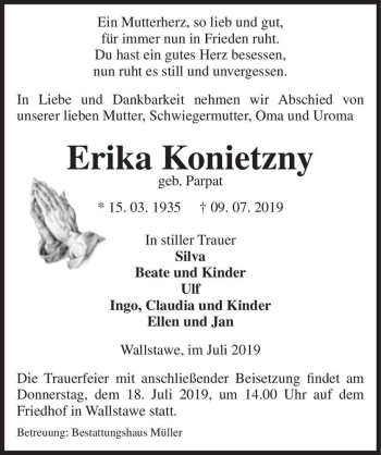 Traueranzeige von Erika Konietzny (geb. Parpat)  von Magdeburger Volksstimme