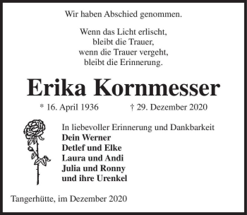 Traueranzeige von Erika Kornmesser  von Magdeburger Volksstimme