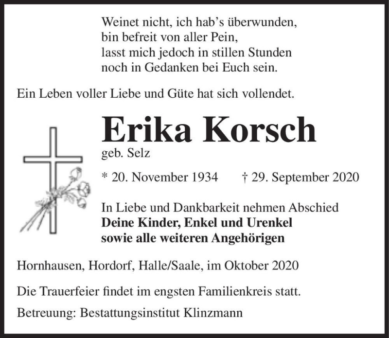  Traueranzeige für Erika Korsch (geb. Selz)  vom 07.10.2020 aus Magdeburger Volksstimme