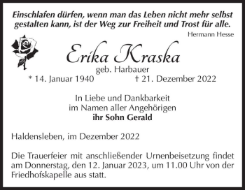 Traueranzeige von Erika Kraska (geb. Harbauer)  von Magdeburger Volksstimme