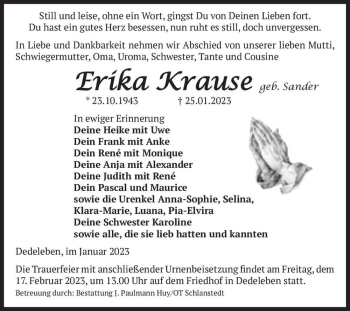 Traueranzeige von Erika Krause (geb. Sander)  von Magdeburger Volksstimme