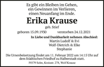 Traueranzeige von Erika Krause (geb. Stief)  von Magdeburger Volksstimme