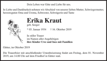 Traueranzeige von Erika Kraut (geb. Seeger)  von Magdeburger Volksstimme