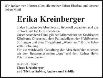 Traueranzeige von Erika Kreinberger  von Magdeburger Volksstimme