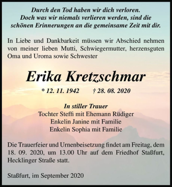 Traueranzeige von Erika Kretzschmar  von Magdeburger Volksstimme