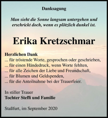 Traueranzeige von Erika Kretzschmar  von Magdeburger Volksstimme