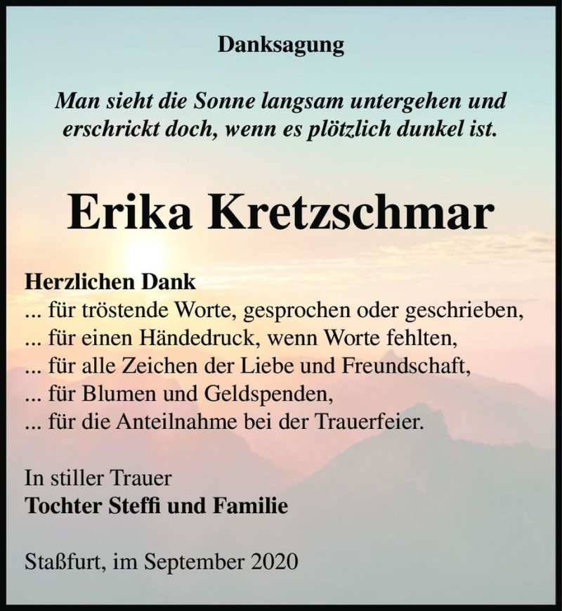  Traueranzeige für Erika Kretzschmar  vom 26.09.2020 aus Magdeburger Volksstimme