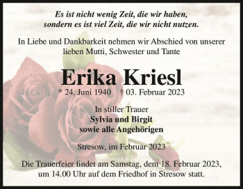 Traueranzeige von Erika Kriesl  von Magdeburger Volksstimme