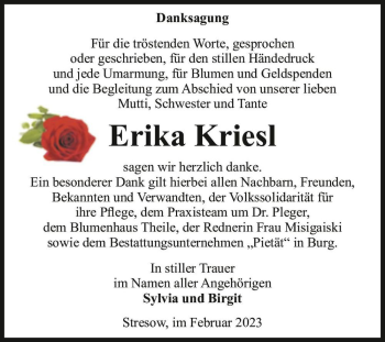 Traueranzeige von Erika Kriesl  von Magdeburger Volksstimme