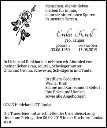 Traueranzeige von Erika Kroll (geb. Krüger)  von Magdeburger Volksstimme