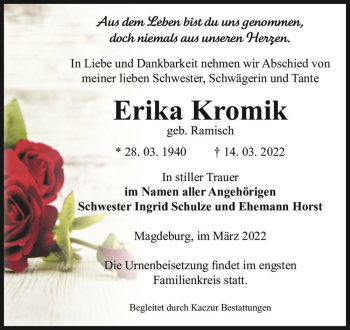 Traueranzeige von Erika Kromik (geb. Ramisch)  von Magdeburger Volksstimme
