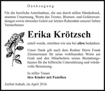 Traueranzeige von Erika Krötzsch  von Magdeburger Volksstimme