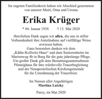 Traueranzeige von Erika Krüger  von Magdeburger Volksstimme