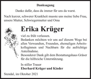 Traueranzeige von Erika Krüger  von Magdeburger Volksstimme