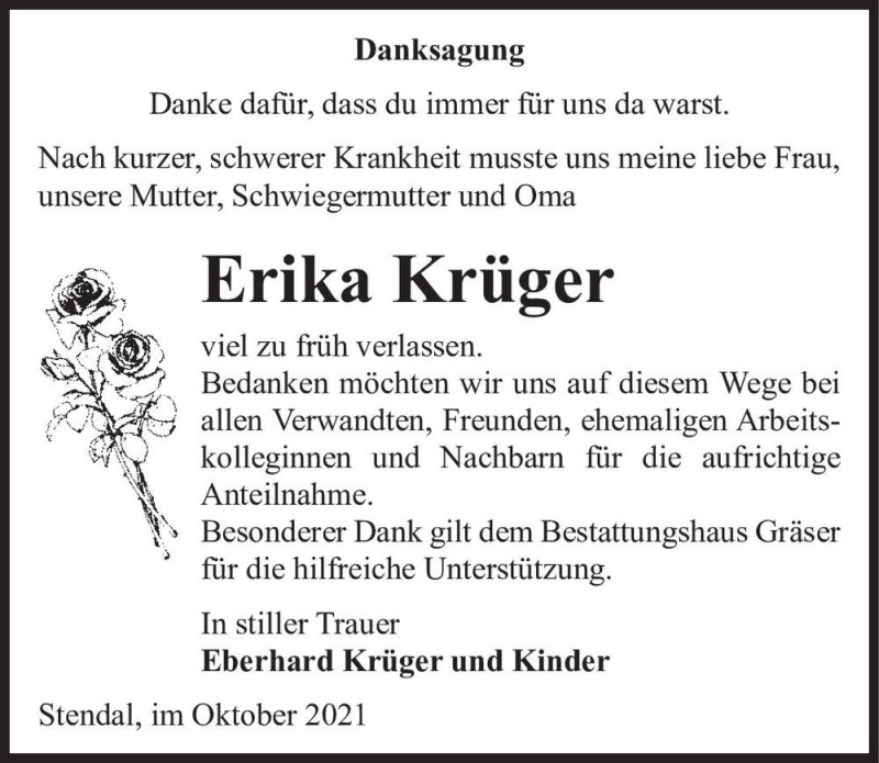  Traueranzeige für Erika Krüger  vom 08.10.2021 aus Magdeburger Volksstimme
