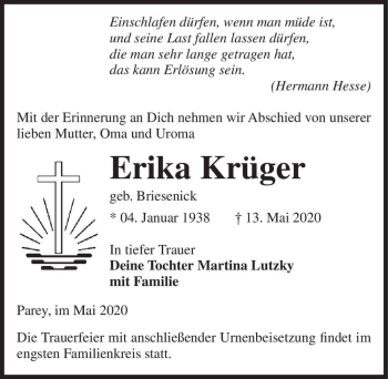 Traueranzeige von Erika Krüger (geb. Briesenick)  von Magdeburger Volksstimme