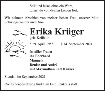 Traueranzeige von Erika Krüger (geb. Keilholz)  von Magdeburger Volksstimme