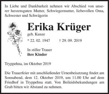 Traueranzeige von Erika Krüger (geb. Kunze)  von Magdeburger Volksstimme