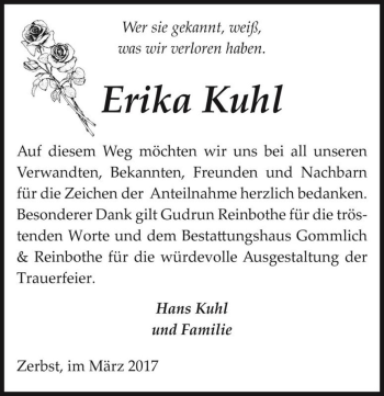 Traueranzeige von Erika Kuhl  von Magdeburger Volksstimme