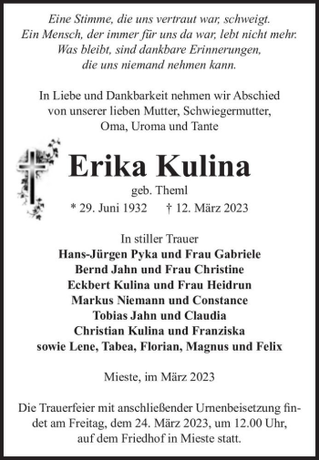Traueranzeige von Erika Kulina (geb. Theml)  von Magdeburger Volksstimme