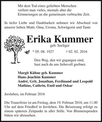 Traueranzeige von Erika Kummer (geb. Seeliger)  von Magdeburger Volksstimme