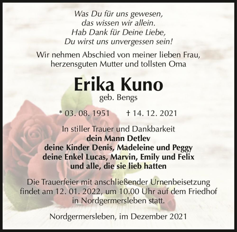  Traueranzeige für Erika Kuno (geb. Bengs)  vom 18.12.2021 aus Magdeburger Volksstimme
