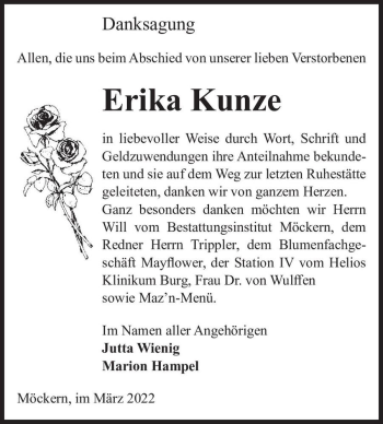 Traueranzeige von Erika Kunze  von Magdeburger Volksstimme