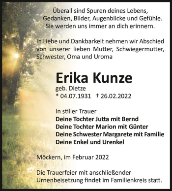 Traueranzeige von Erika Kunze (geb. Dietze)  von Magdeburger Volksstimme