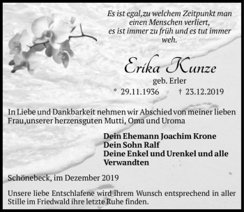 Traueranzeige von Erika Kunze (geb. Erler)  von Magdeburger Volksstimme