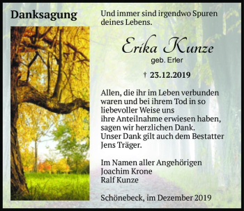 Traueranzeige von Erika Kunze (geb. Erler)  von Magdeburger Volksstimme