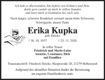 Traueranzeige von Erika Kupka (geb. Deicke)  von Magdeburger Volksstimme