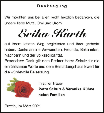 Traueranzeige von Erika Kurth  von Magdeburger Volksstimme