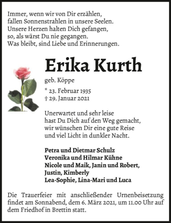 Traueranzeige von Erika Kurth (geb. Köppe)  von Magdeburger Volksstimme