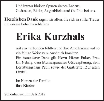 Traueranzeige von Erika Kurzhals  von Magdeburger Volksstimme