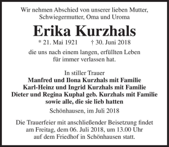 Traueranzeige von Erika Kurzhals  von Magdeburger Volksstimme