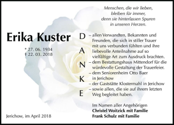 Traueranzeige von Erika Kuster  von Magdeburger Volksstimme