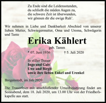 Traueranzeige von Erika Kählert (geb. Tamm)  von Magdeburger Volksstimme