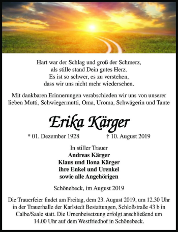 Traueranzeige von Erika Kärger  von Magdeburger Volksstimme