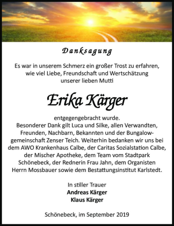 Traueranzeige von Erika Kärger  von Magdeburger Volksstimme