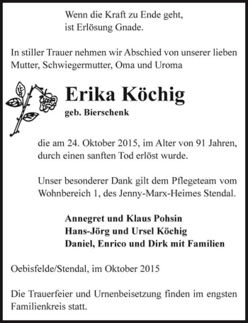 Traueranzeige von Erika Köchig geb. Bierschenk  von Magdeburger Volksstimme