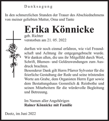 Traueranzeige von Erika Könnicke (geb. Richter)  von Magdeburger Volksstimme