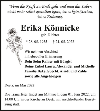 Traueranzeige von Erika Könnicke (geb. Richter)  von Magdeburger Volksstimme
