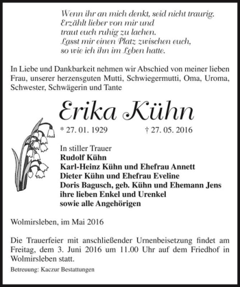 Traueranzeige von Erika Kühn  von Magdeburger Volksstimme
