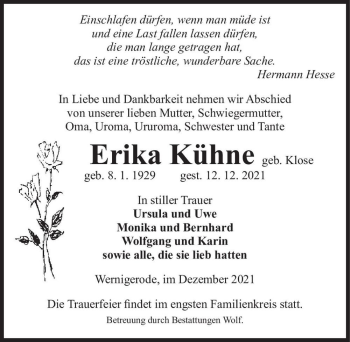 Traueranzeige von Erika Kühne (geb. Klose)  von Magdeburger Volksstimme