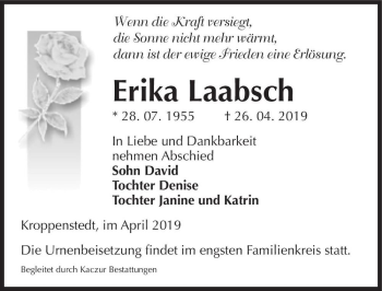 Traueranzeige von Erika Laabsch  von Magdeburger Volksstimme