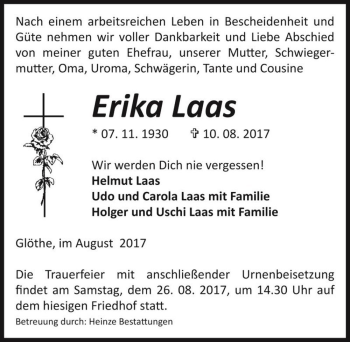 Traueranzeige von Erika Laas  von Magdeburger Volksstimme