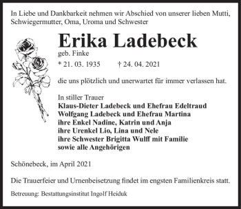 Traueranzeige von Erika Ladebeck (geb. Finke)  von Magdeburger Volksstimme