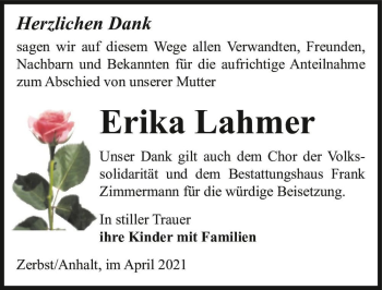 Traueranzeige von Erika Lahmer  von Magdeburger Volksstimme