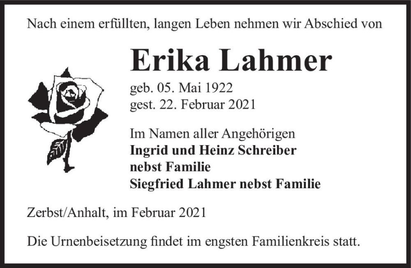  Traueranzeige für Erika Lahmer  vom 27.02.2021 aus Magdeburger Volksstimme